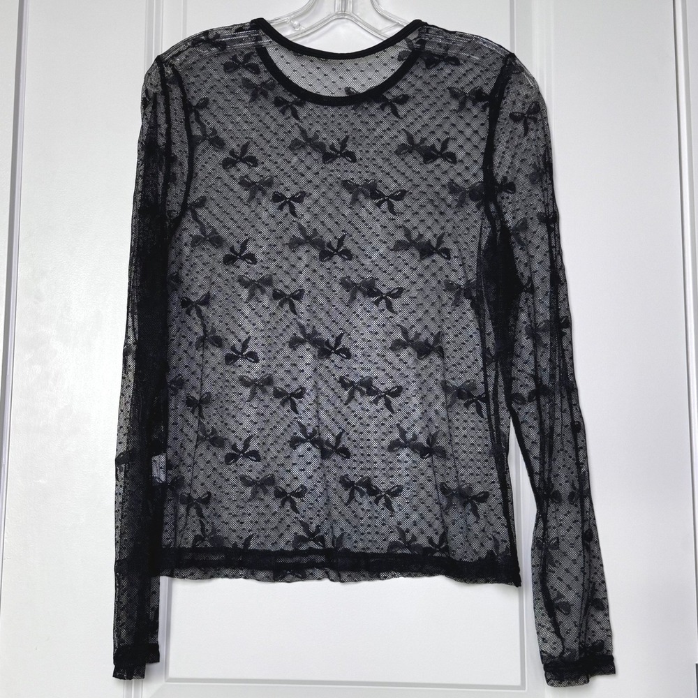 Womens Black Sheer Mesh Bow Polka Dot Long Sleeve Top‎ Crew Neck XL Slim Fit